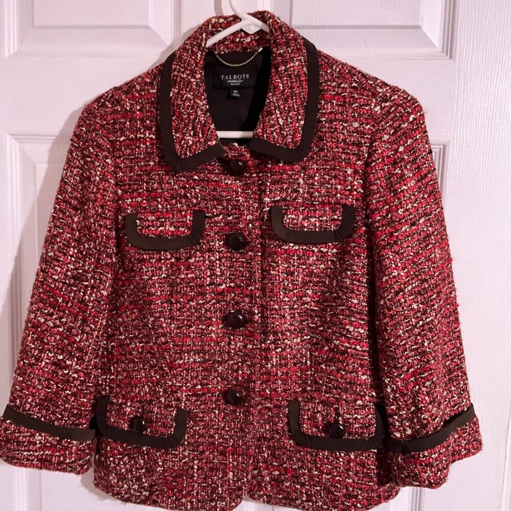 Talbots 10P Red/Rust/Brown Tweed‎ Button-Front Jacket Brown Trim